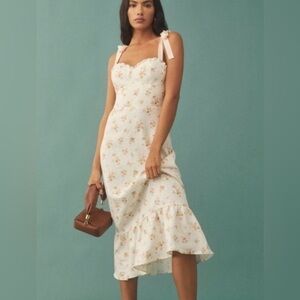 Reformation vale linen dress Mildred bow ribbon shoulder size 8